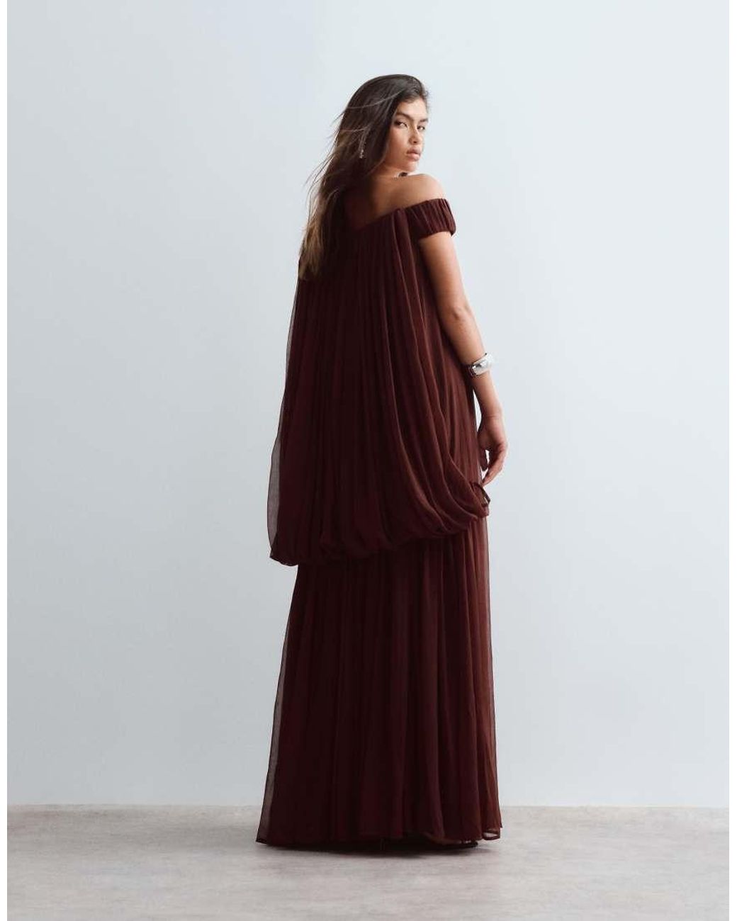 ARRANGE Red Trapeze Bardot Maxi Dress With Cape Back