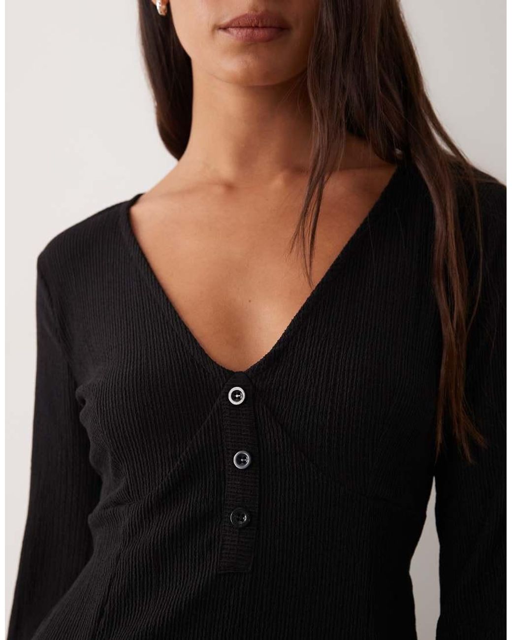 New Look Black Crinkle Flared Sleeve Button Mini Dress