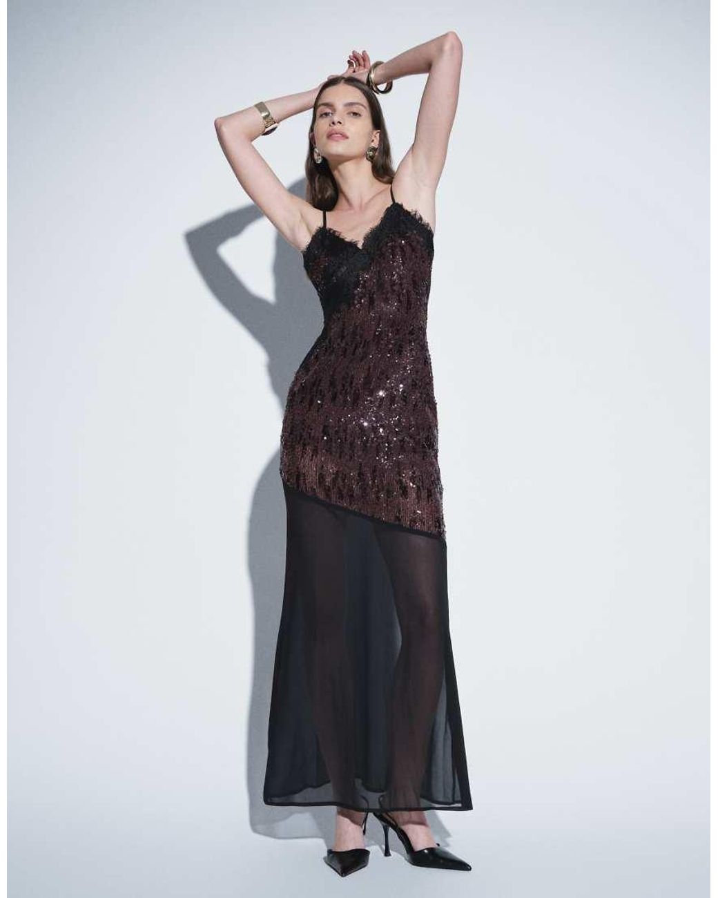 TFNC London Blue Sequin Cami Lace Detail Maxi Dress