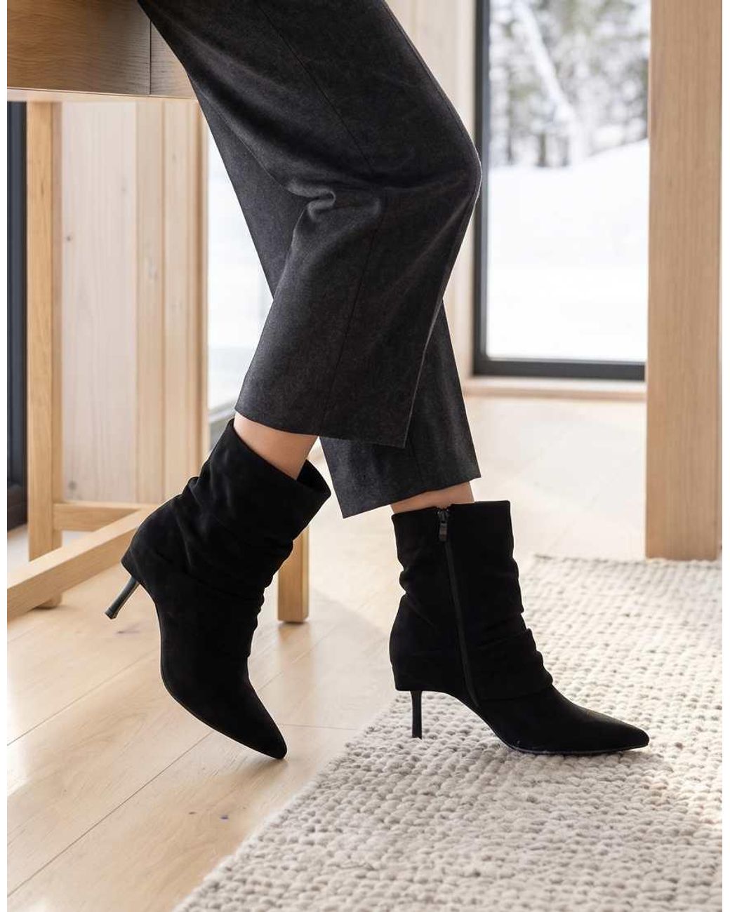 SEQWL Black Slouchy Mid Calf Boots Stiletto Heels With Pointed Toe