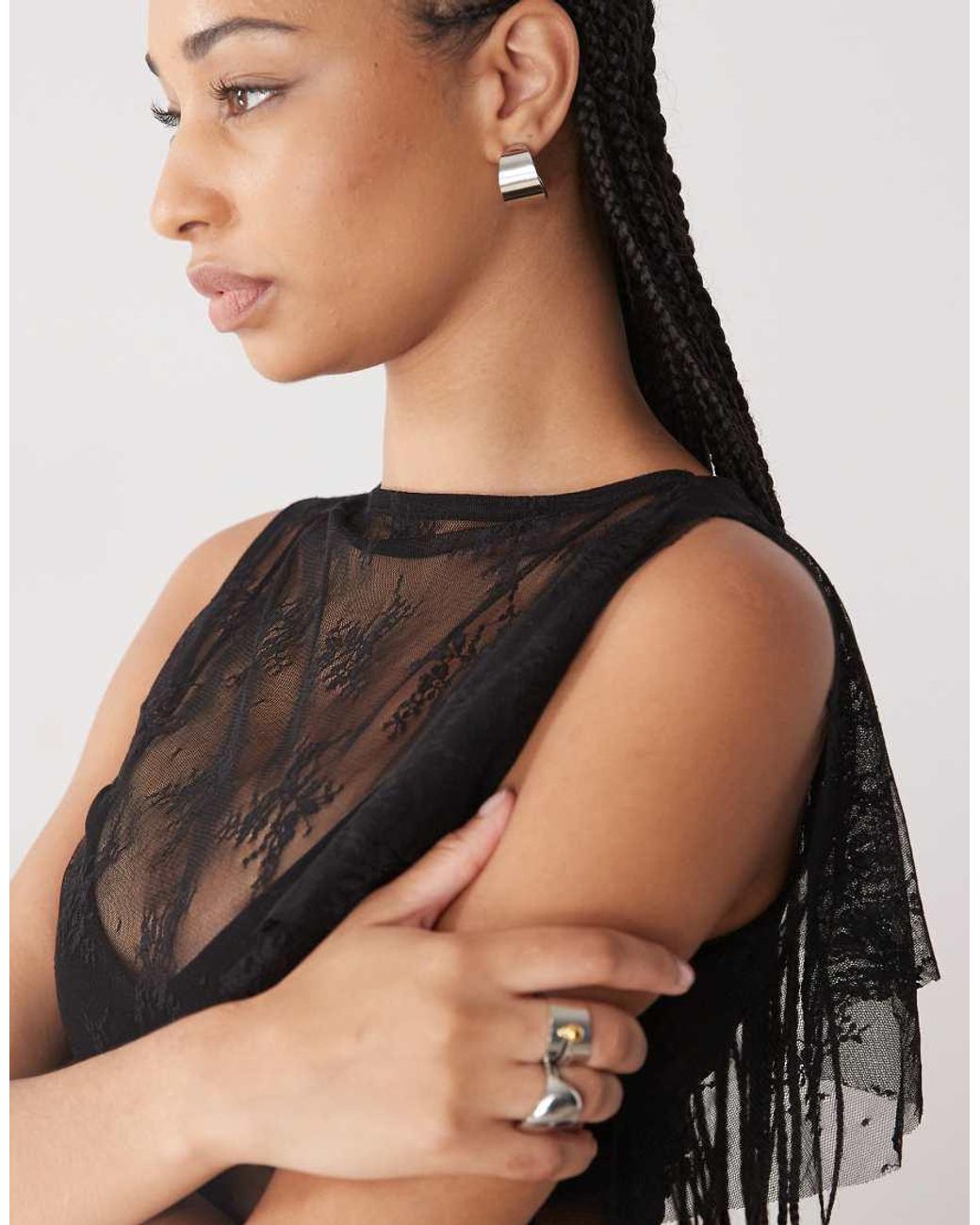 Collusion Black Lace Flutter One Shoulder Top