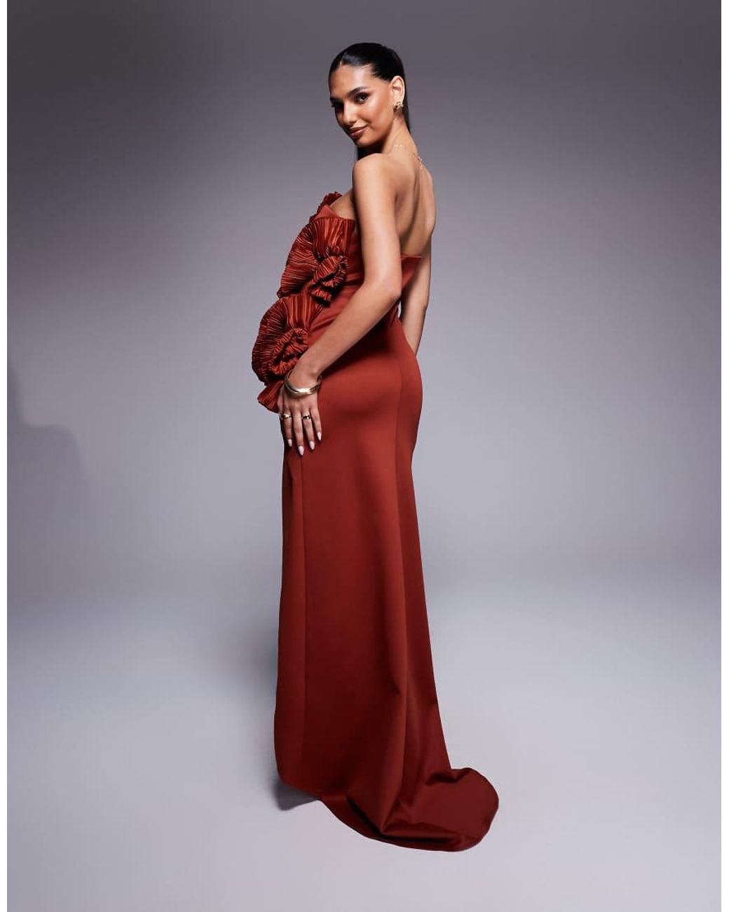 ASOS Red Bandeau Maxi Dress With Plisse Ruffle Fan Detail