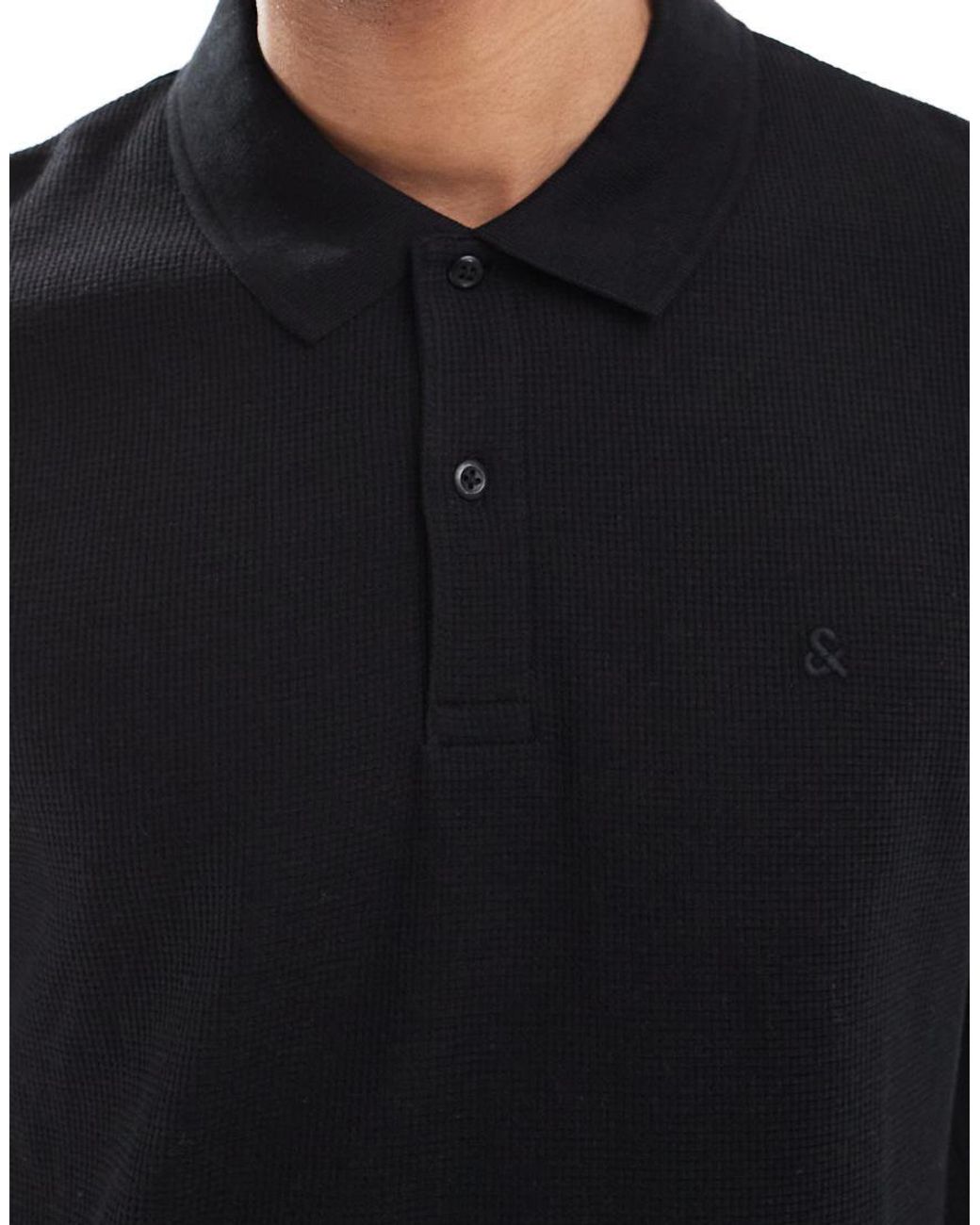 Jack & Jones Black Textured Polo With Long Sleeves for men