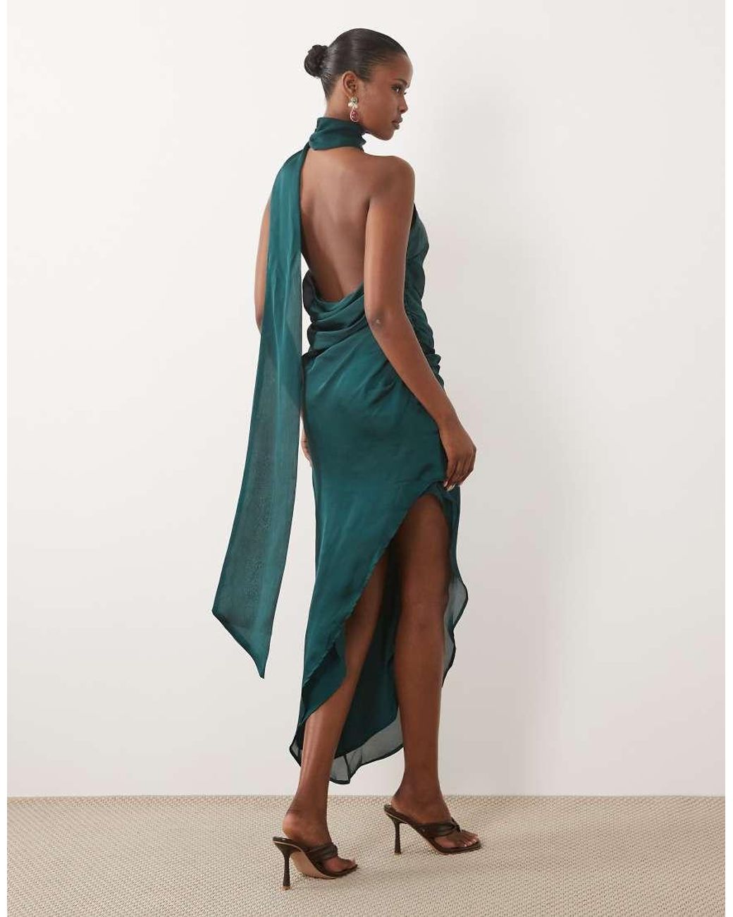 ASOS Green Scarf Detail Asymmetric Satin Midaxi Dress