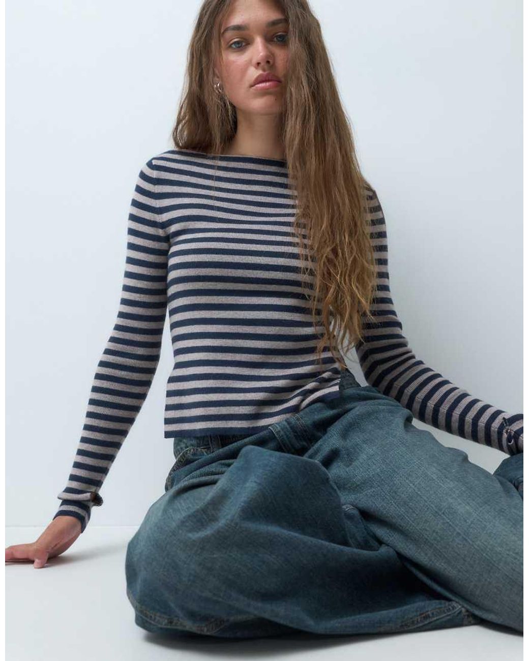Collusion Blue Stripe Knitted Slash Neck Top