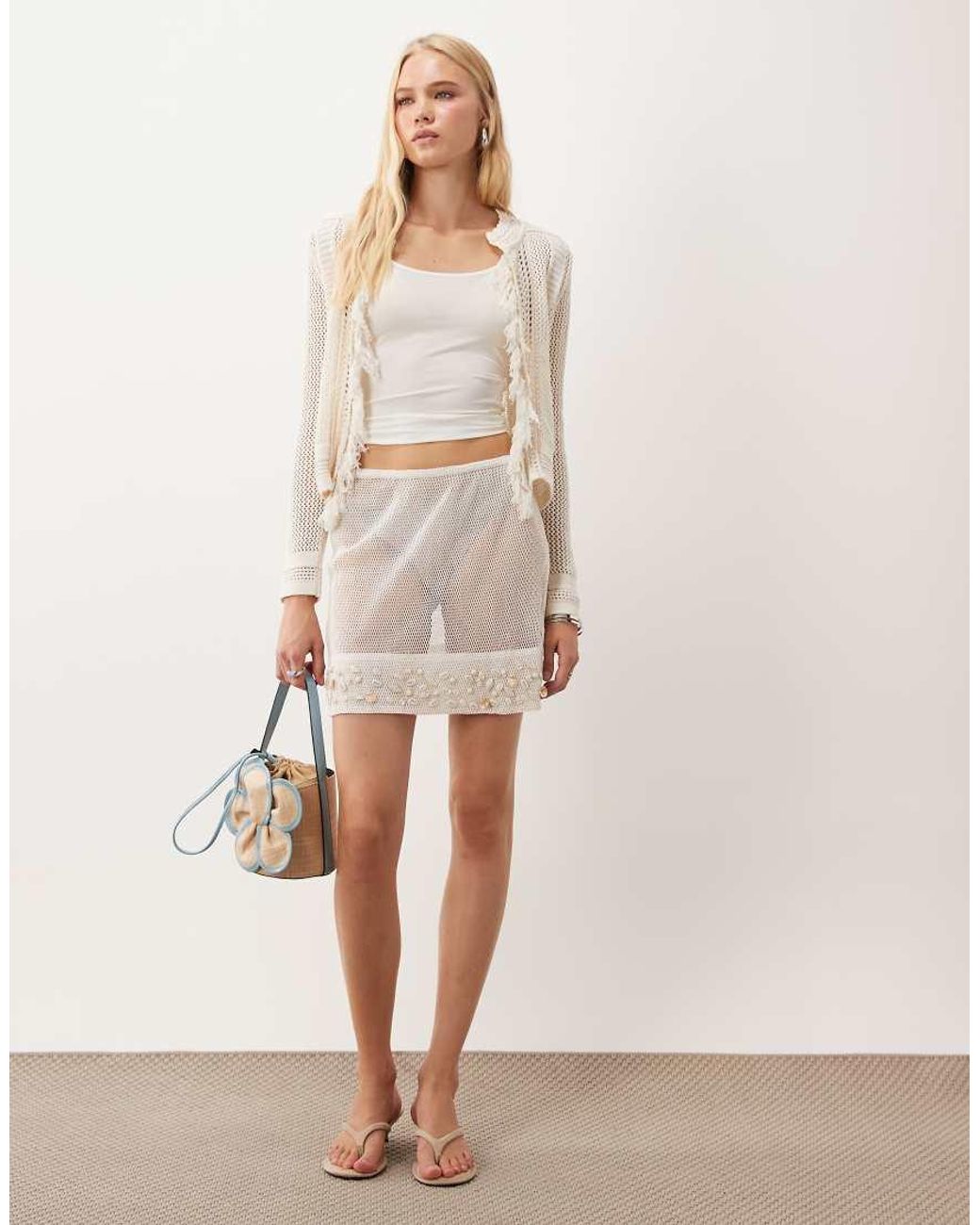 ASOS White Sheer Crochet Mini Skirt With Faux Shell Trim