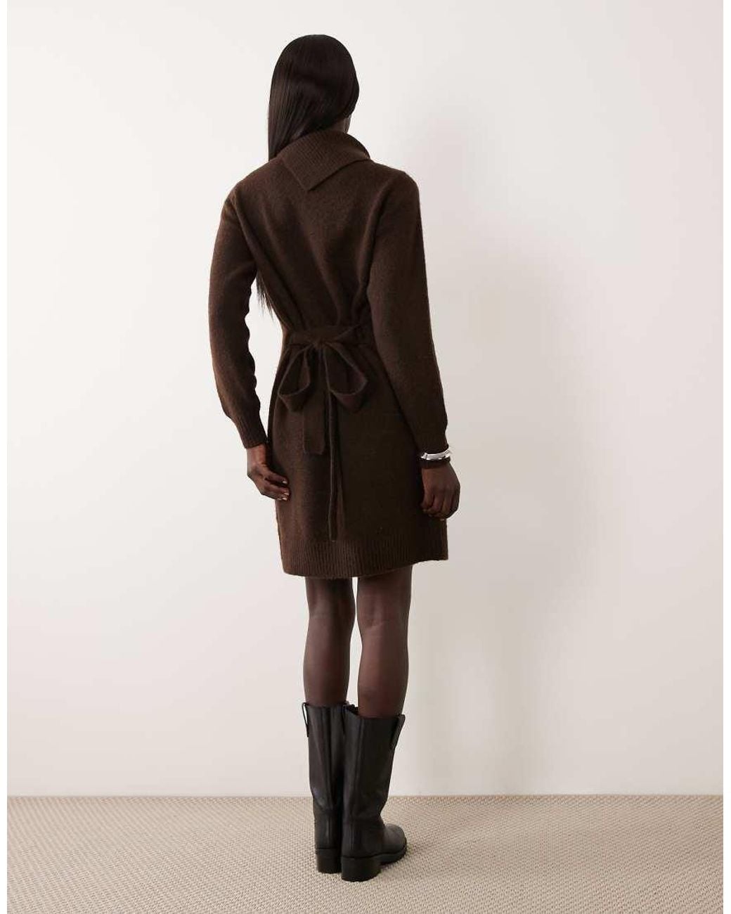 Vero Moda Brown Long Sleeve Split Neck Knitted Mini Dress With Tie Waist