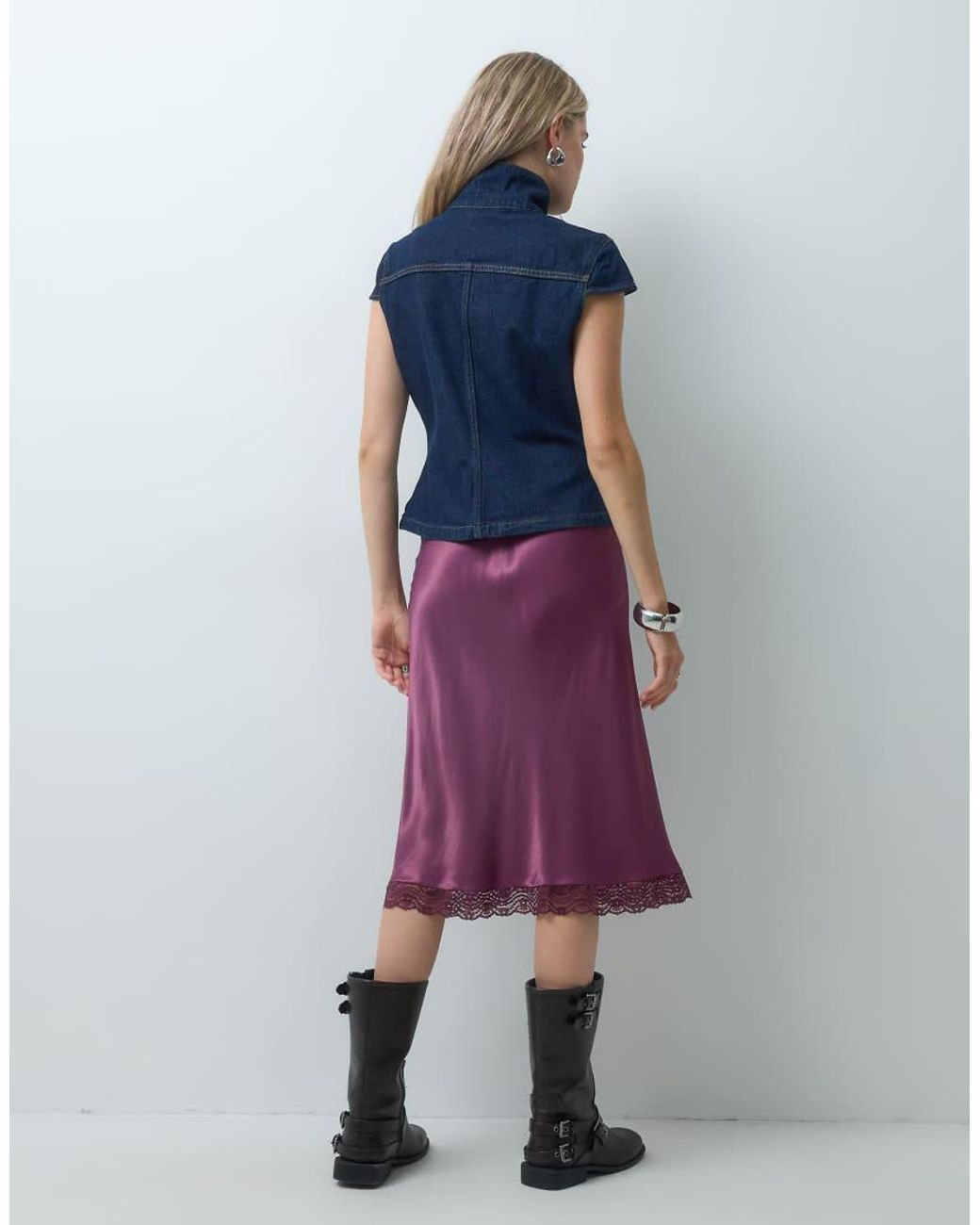 Reclaimed Vintage Multicolor Awkward Length Satin Midi Skirt With Lace Trim
