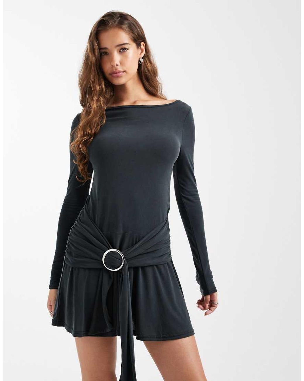 Collusion Black Slash Neck Mini Dress With Ring Detail