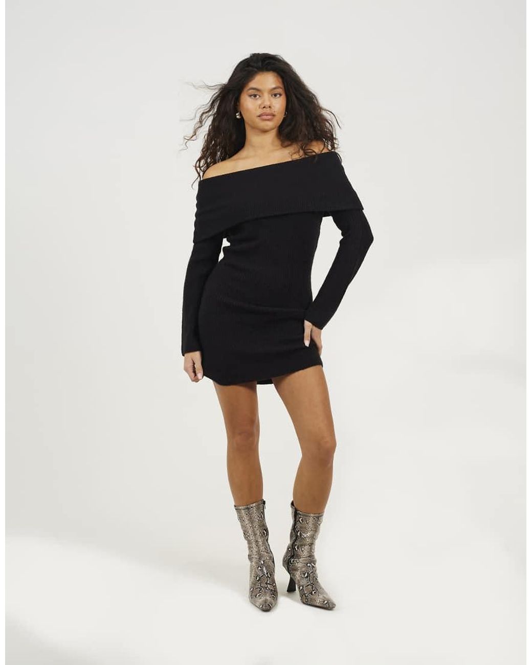 Brave Soul Black Bardot Ribbed Knit Mini Dress