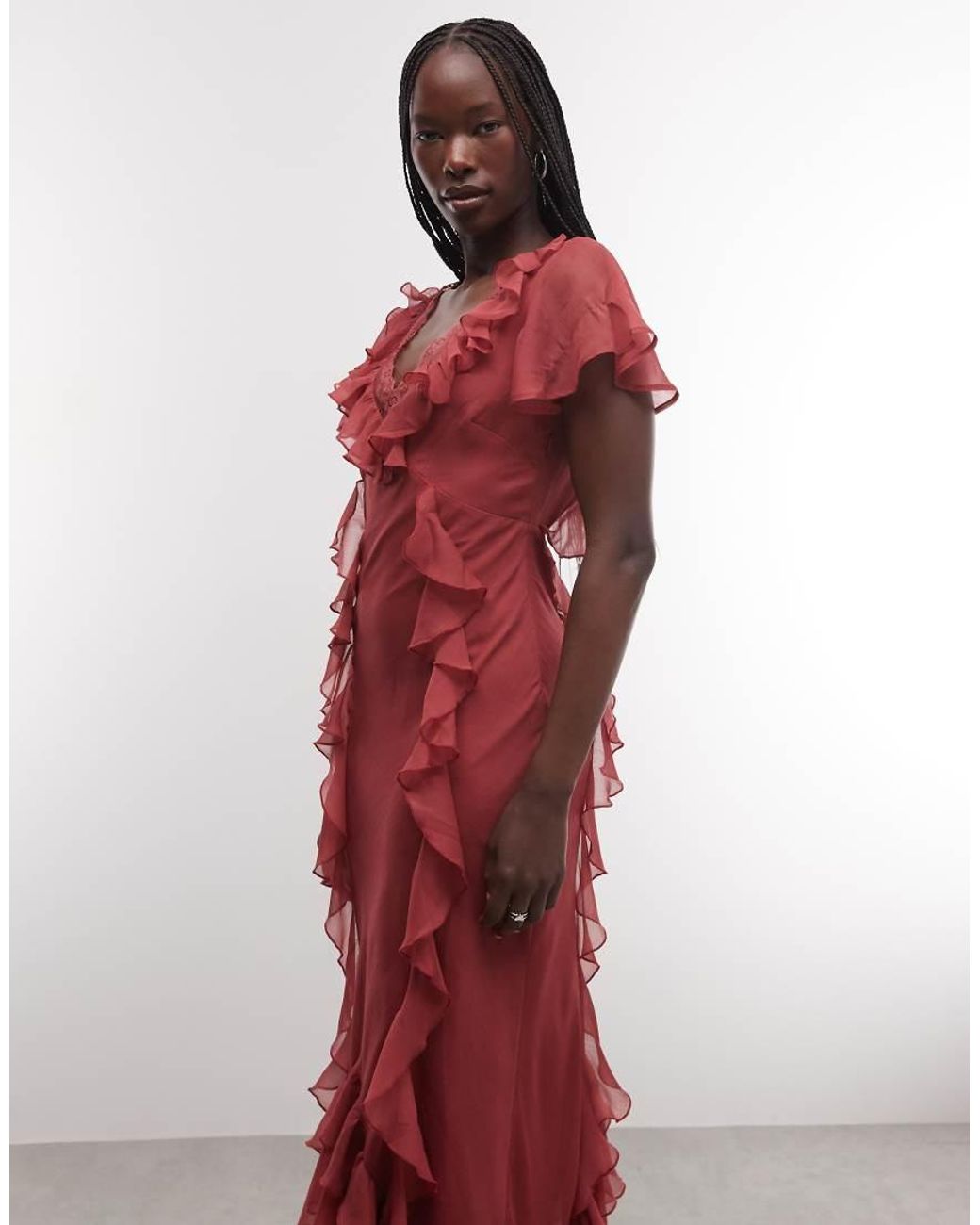 Reclaimed Vintage Red Maxi Tea Dress With Ruffles And Lace