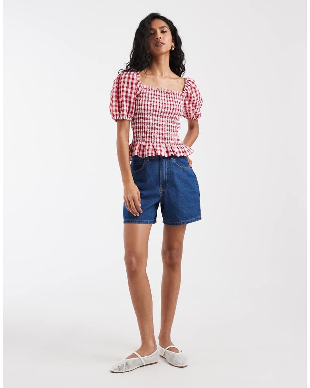 Vero Moda Red Shir Bodice Puff Sleeve Crop Top
