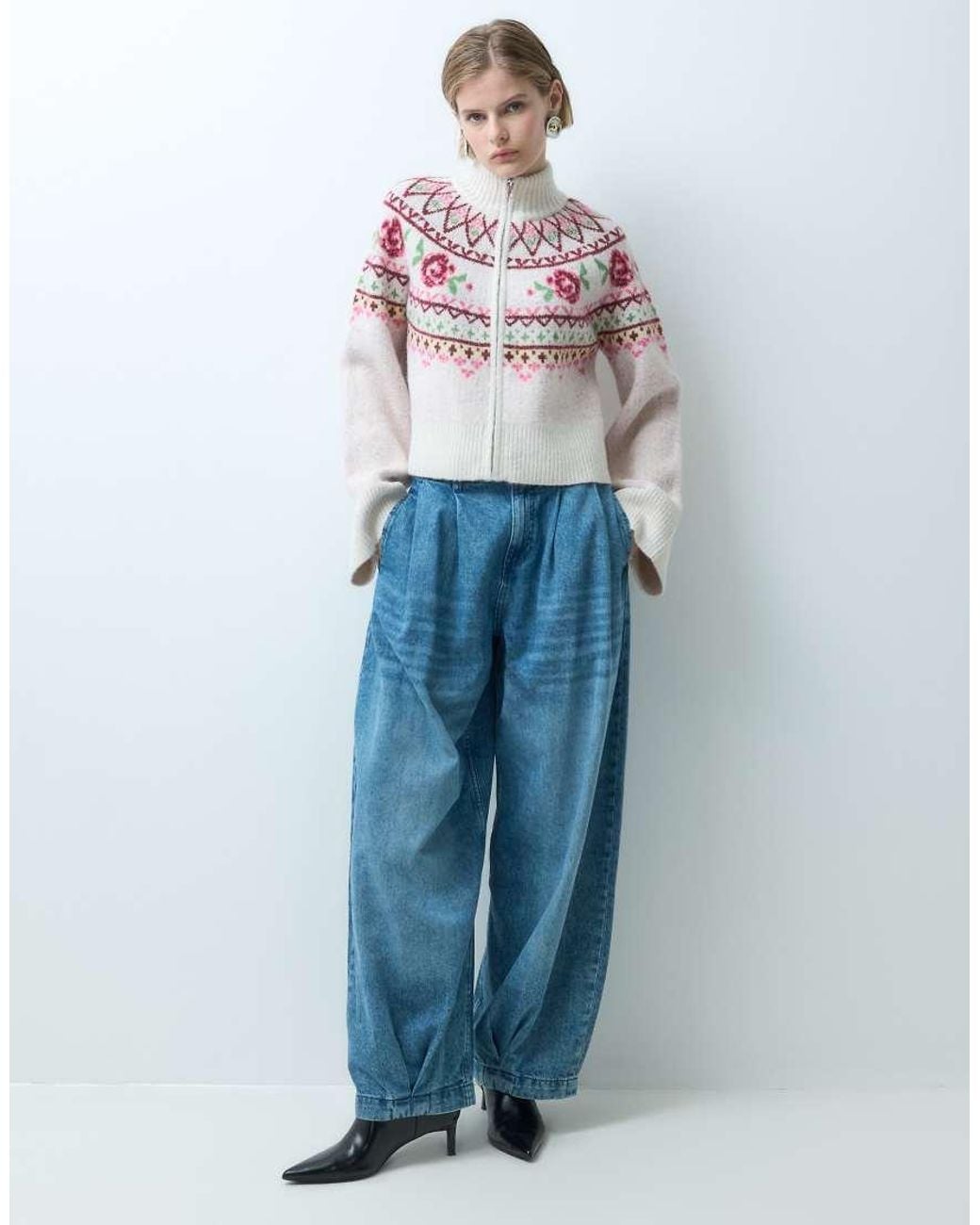 Miss Selfridge Gray Zip Funnel Neck Cardigan With Fairisle Pattern