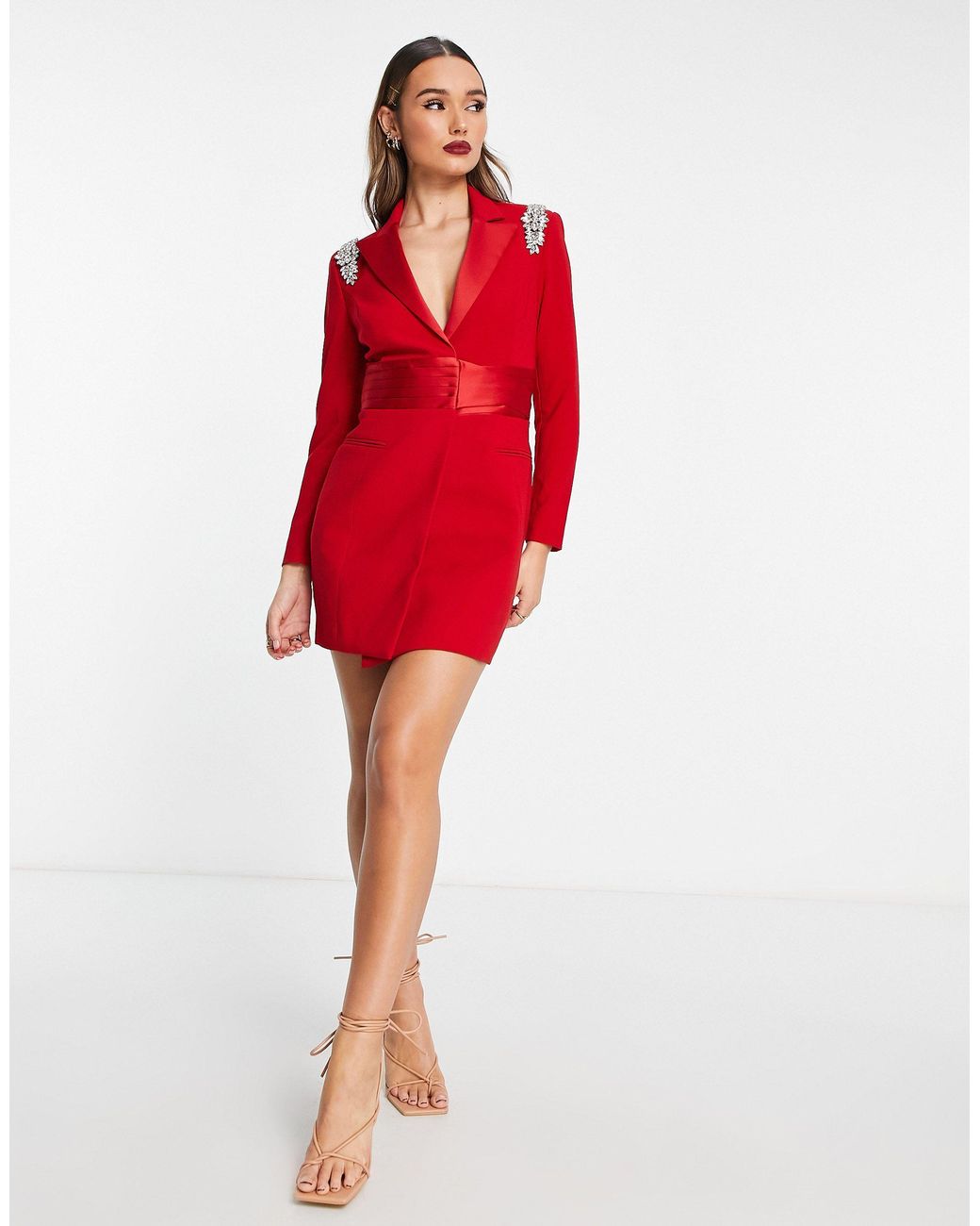 Lavish Alice Diamante Shoulder Belted Blazer Dress in Red Lyst