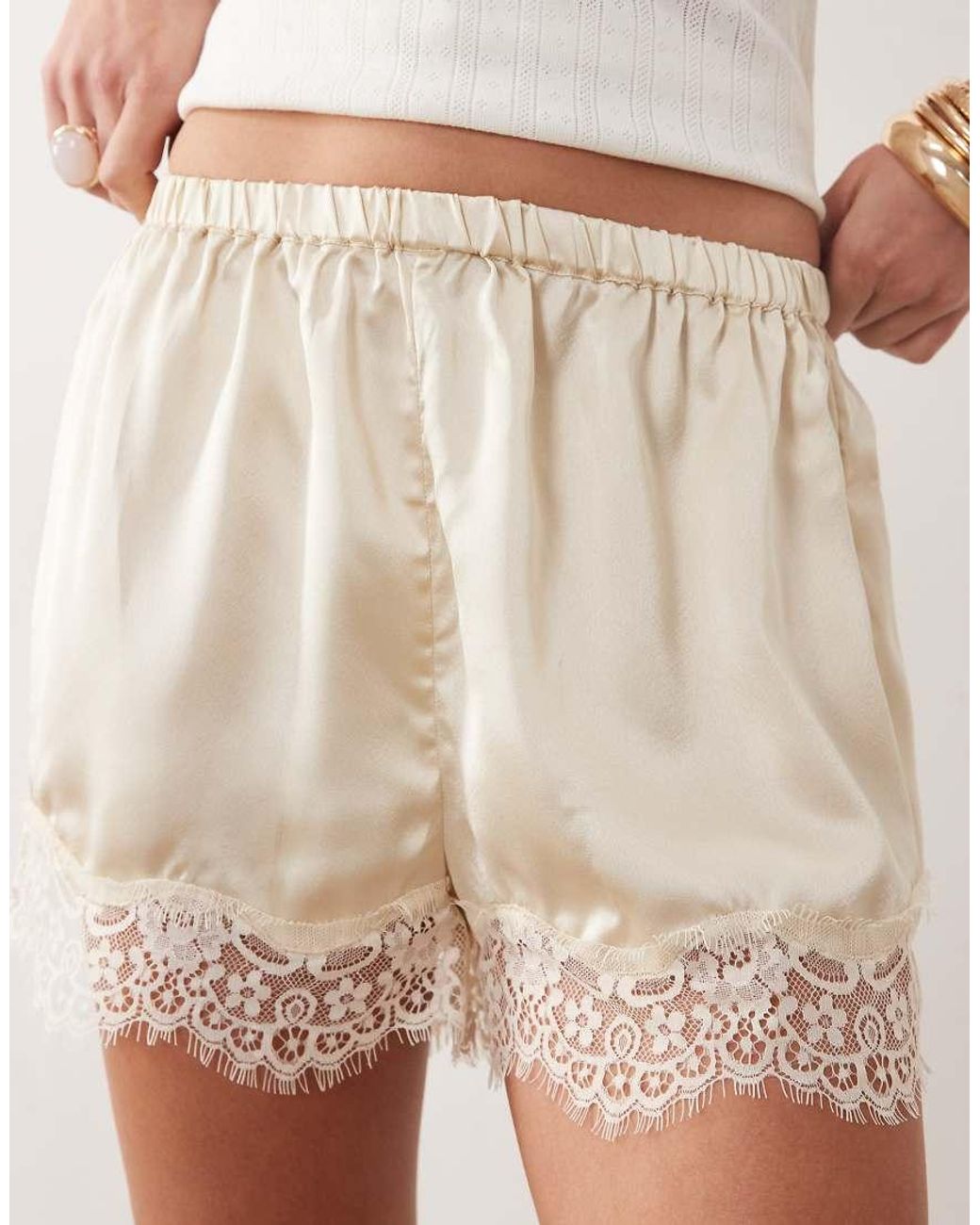 ASOS Natural Satin And Lace Trim Shorts