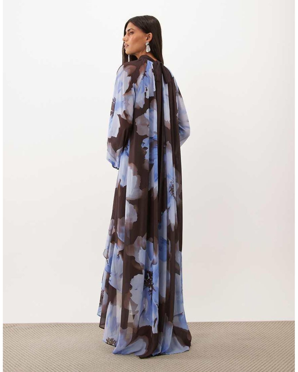 TFNC London Blue Chiffon High Neck Tiered Hem Maxi Dress