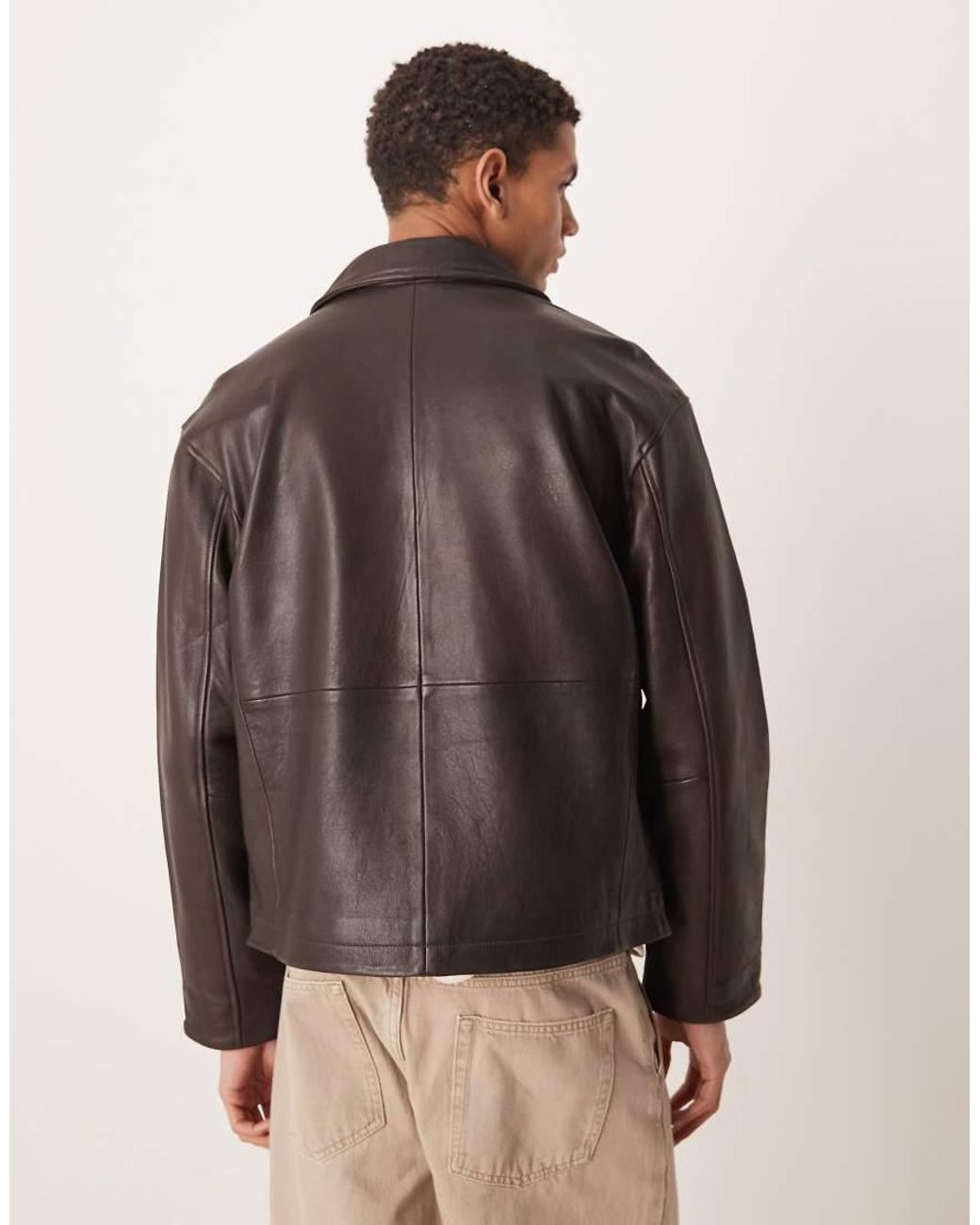 SELECTED Brown Leather Zip Jacket for men