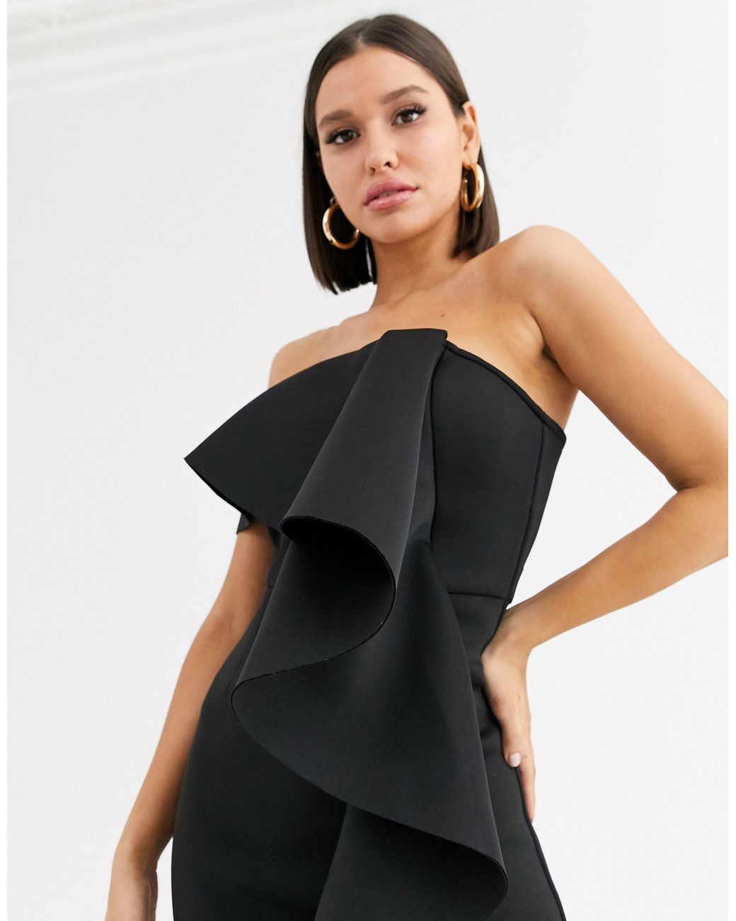 Lavish Alice One Shoulder Bardot Frill Scuba Midi Dress in Black Lyst