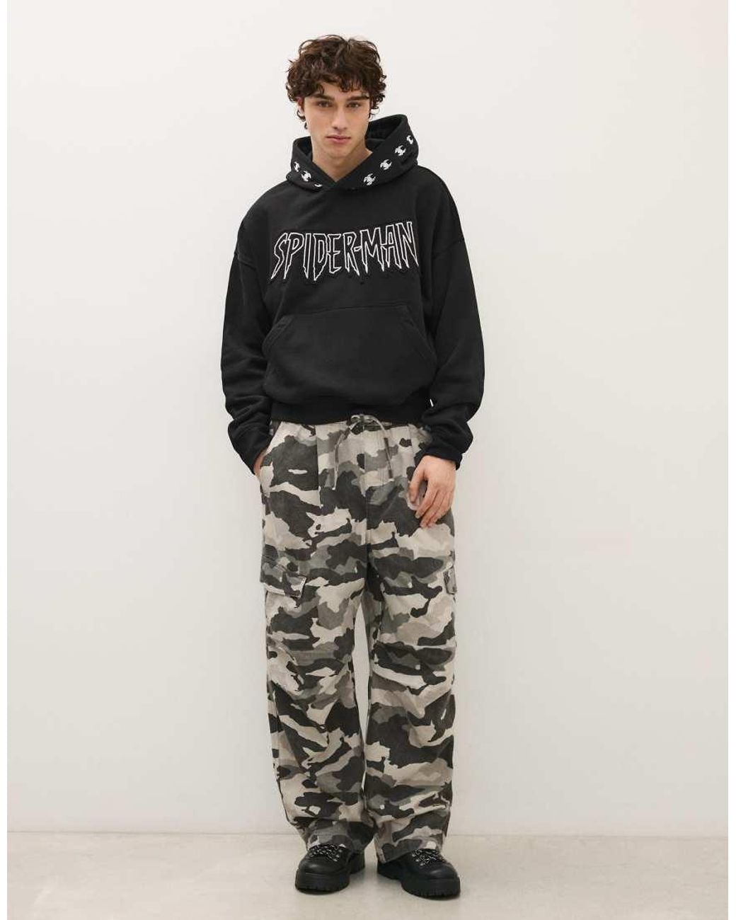 Bershka Black Spider-man Hood Sweatshirt for men