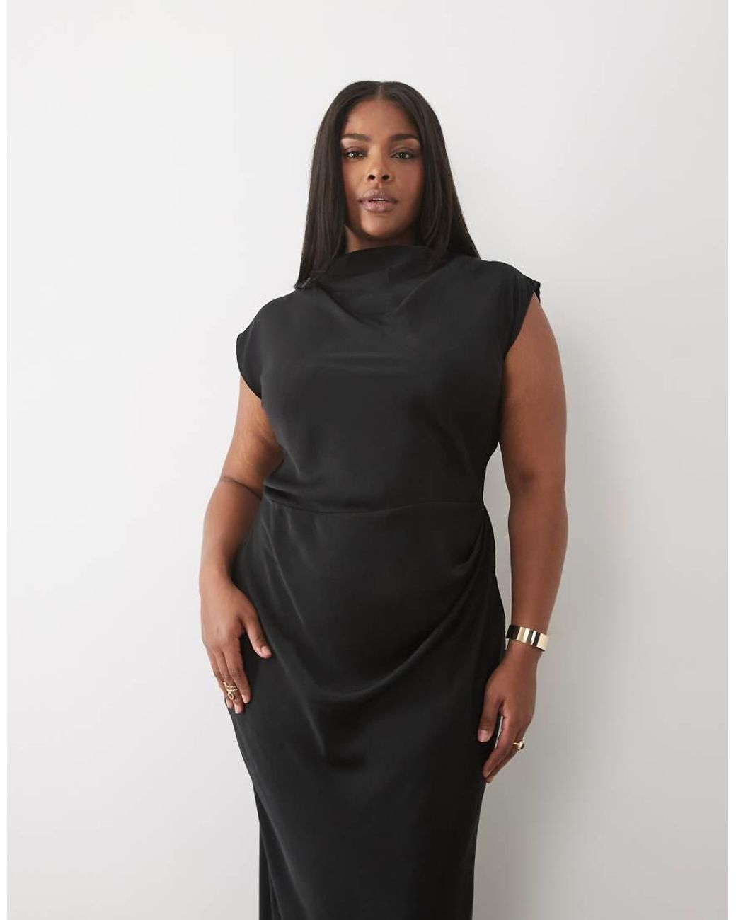 ASOS Black Asos Design Curve High Neck Pleated Bodice Midi Dress