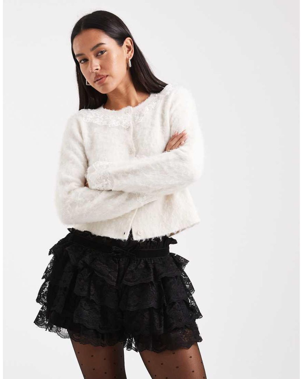 Miss Selfridge White Lace Ruffle Party Shorts
