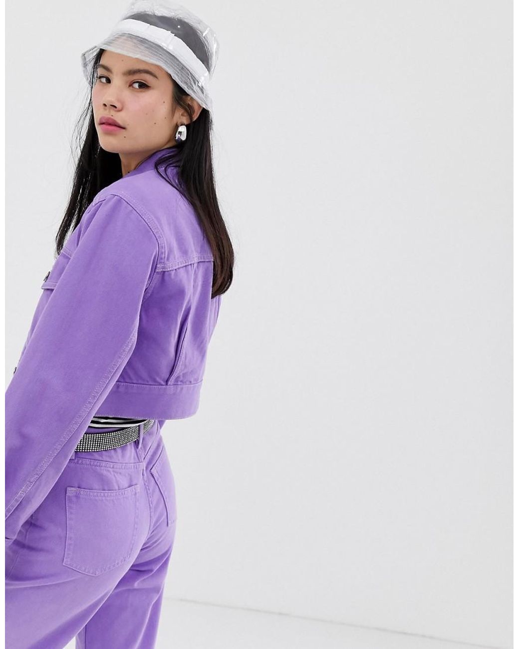 Monki Cropped Denim Jacket in Purple | Lyst