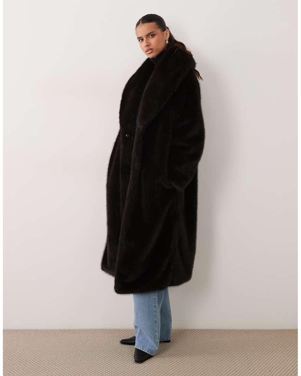 ASOS Black Longline Funnel Neck Faux Fur Coat