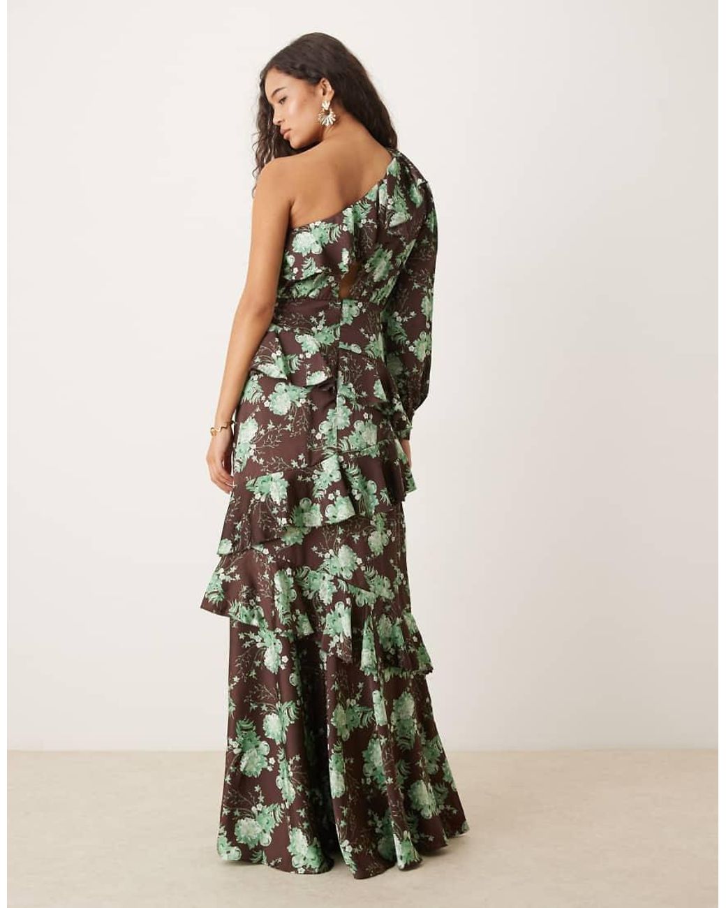 True Decadence Green One Shoulder Ruffled Layered Maxi Dress