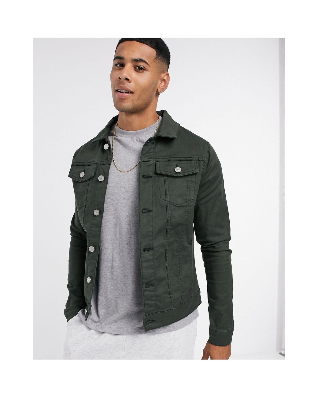River Island Muscle Fit Denim Jacket in Green for Men | Lyst UK