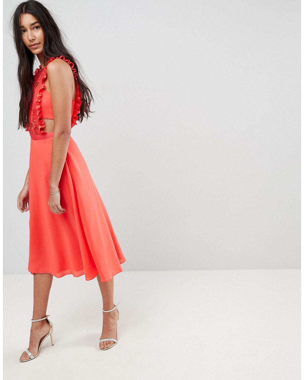 ASOS Lace Pinafore Pleated Midi Dress in Red Lyst