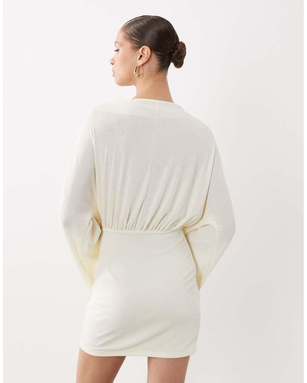 SNDY'S White Premium Jersey Deep Cowl Neck Flared Sleeve Mini Dress