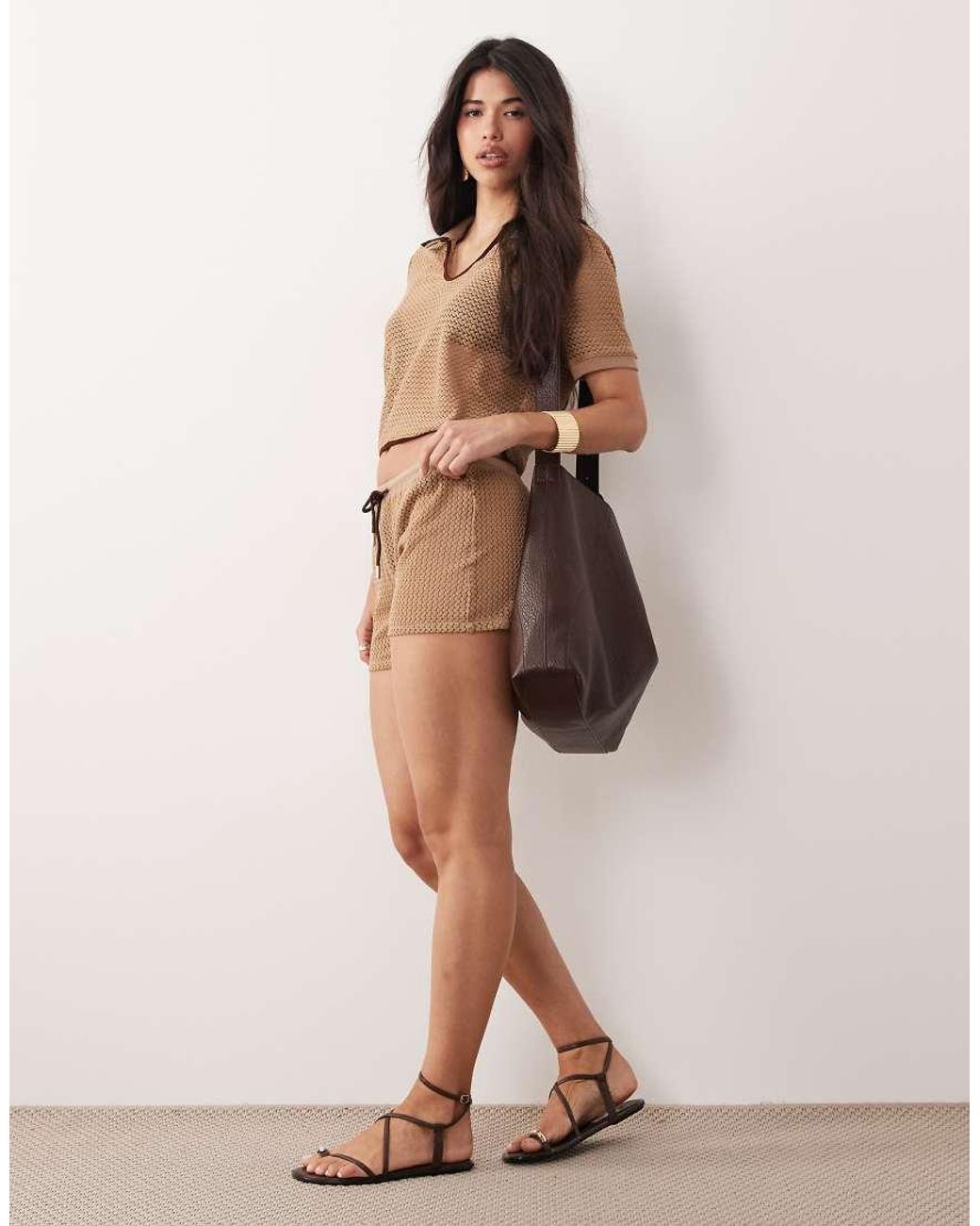 Kaiia Brown Exclusive Crochet Contrast Trim Collar Detail Cropped Polo Top Co-ord