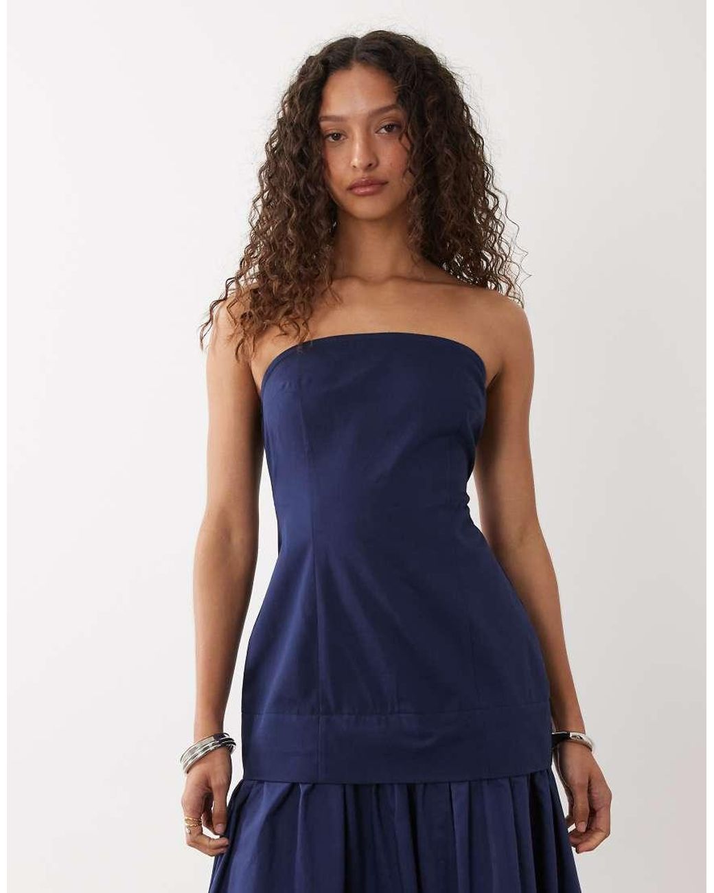 ASOS Blue Structured Cotton Bandeau Maxi Sundress With Dropped Waist Poplin Skirt