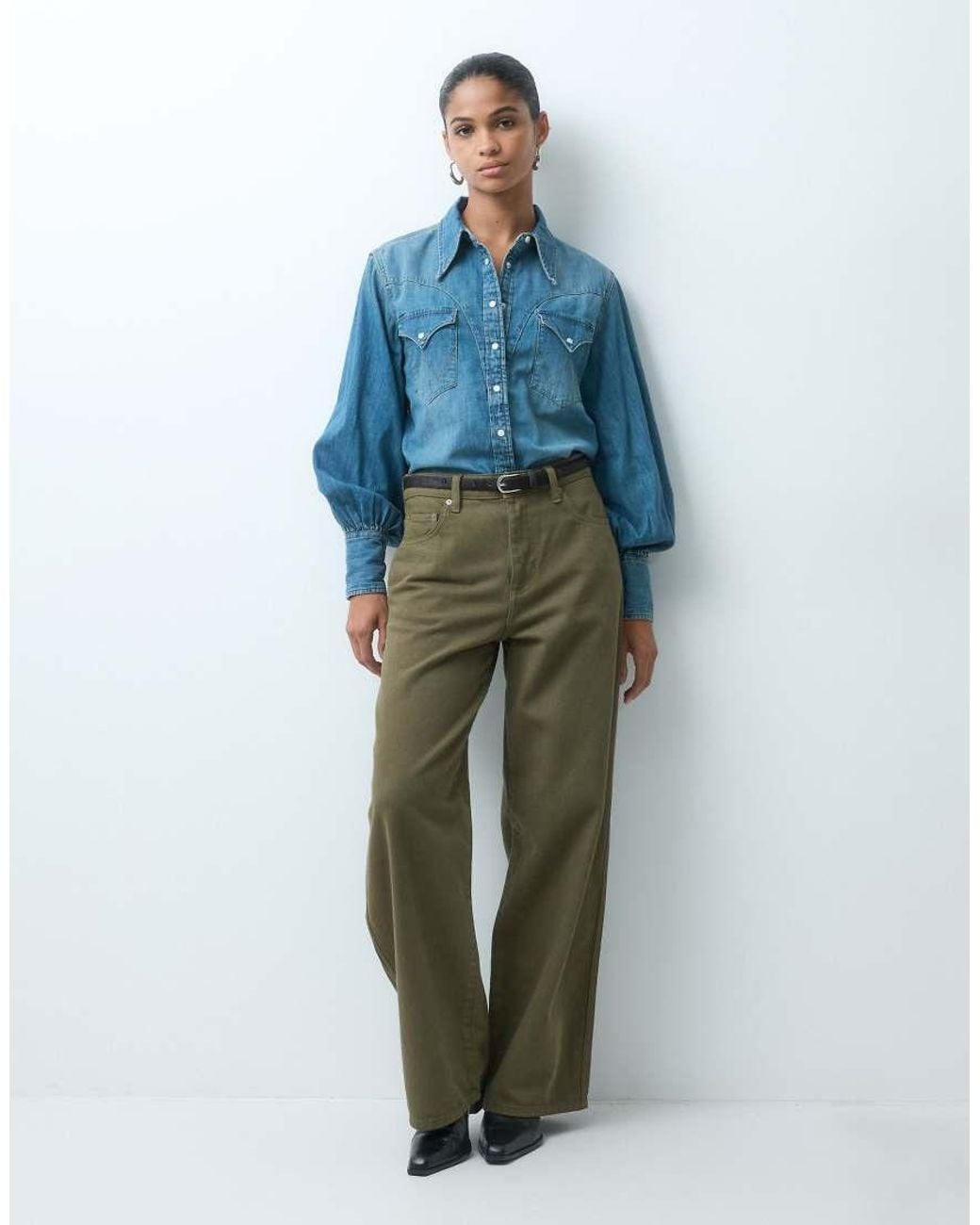 Wrangler Blue Western Denim Shirt With Blouson Sleeves