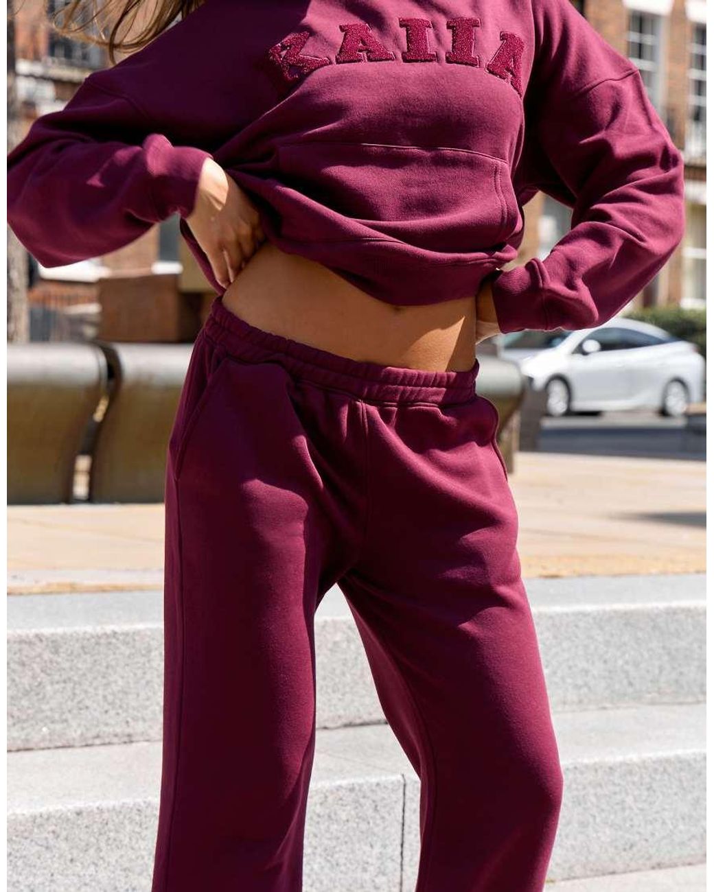 Kaiia Red Cotton Rich Embroide Logo Wide Leg joggers Co-ord