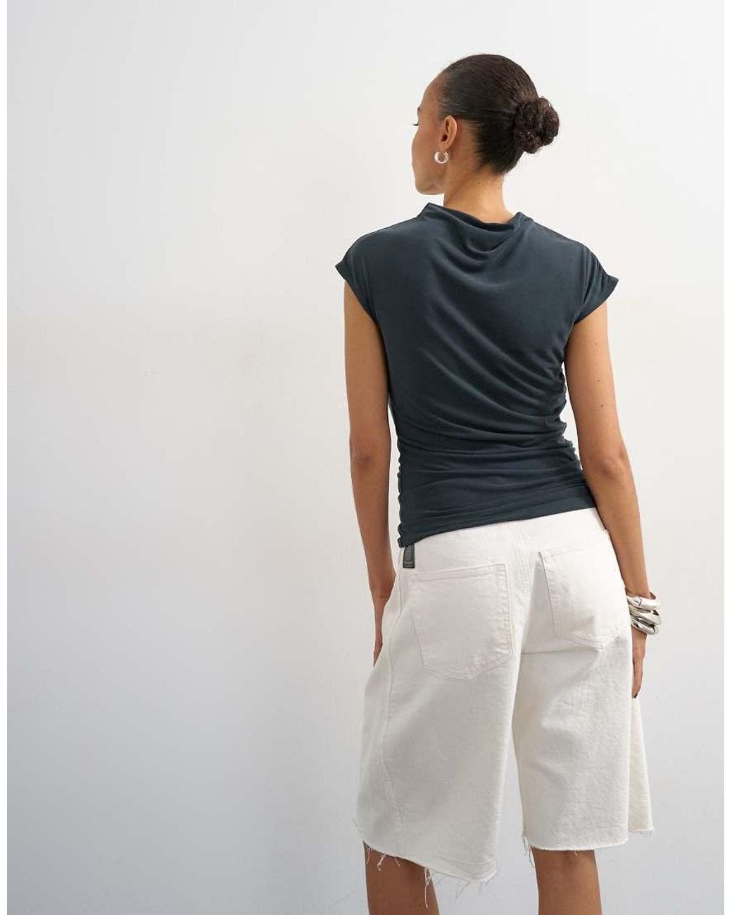 TOPSHOP Blue Cupro Ruched Asymmetric Top