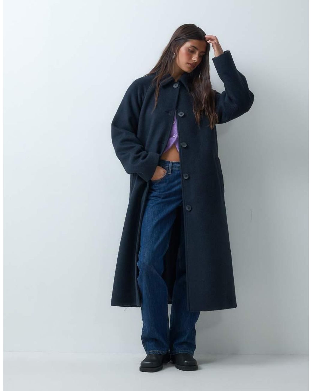ASOS Blue Longline Car Coat With Wool