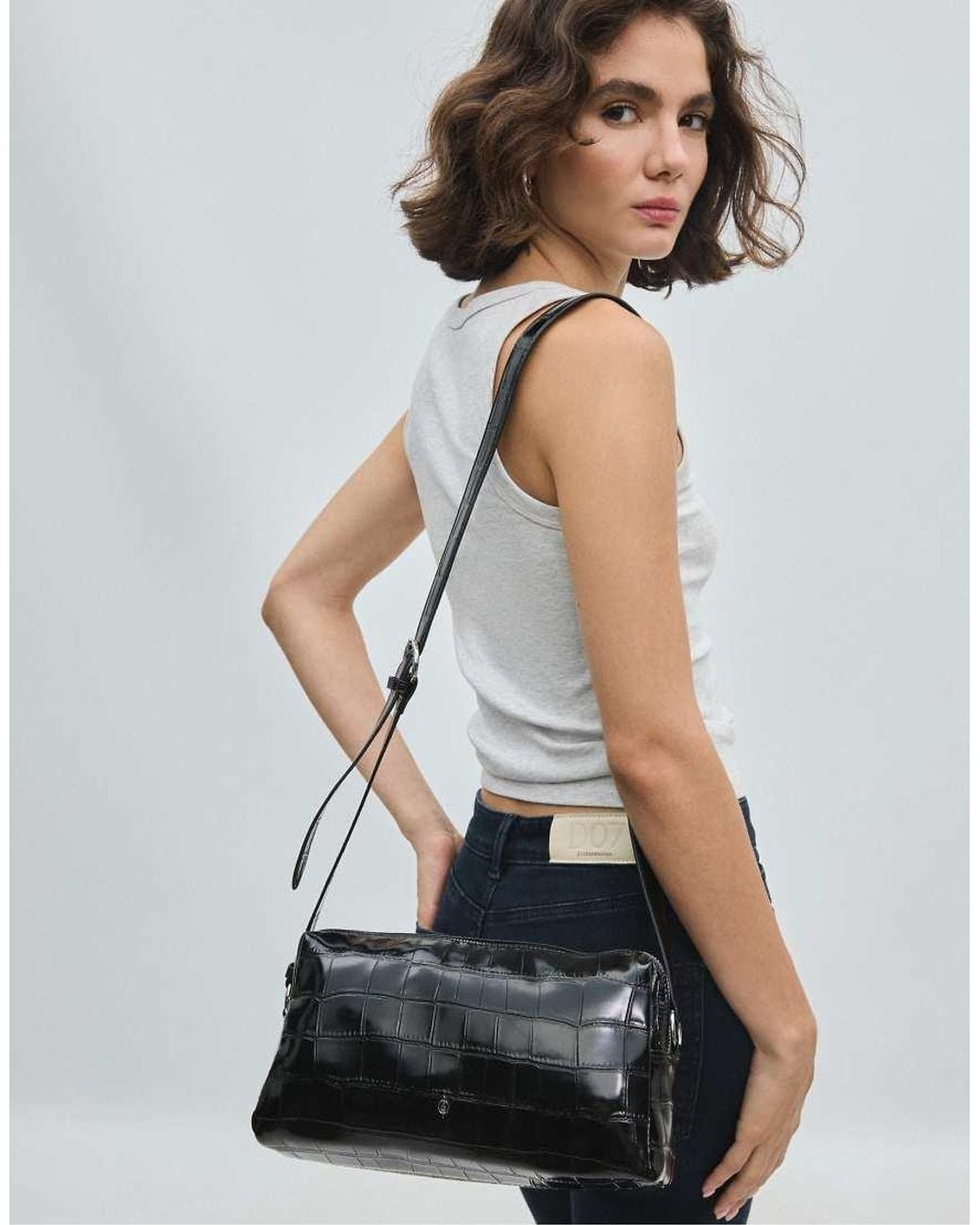 Stradivarius Black Crocodile-Effect Rectangular Crossbody Bag