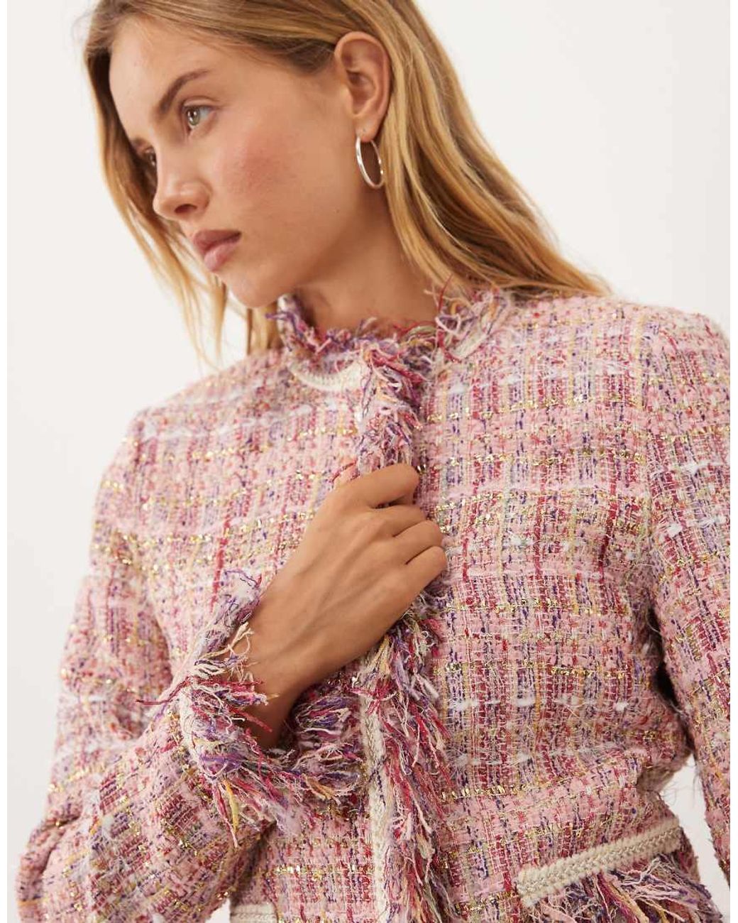 Sister Jane Pink Dream Solace Tweed Collarless Fringe Detail Jacket