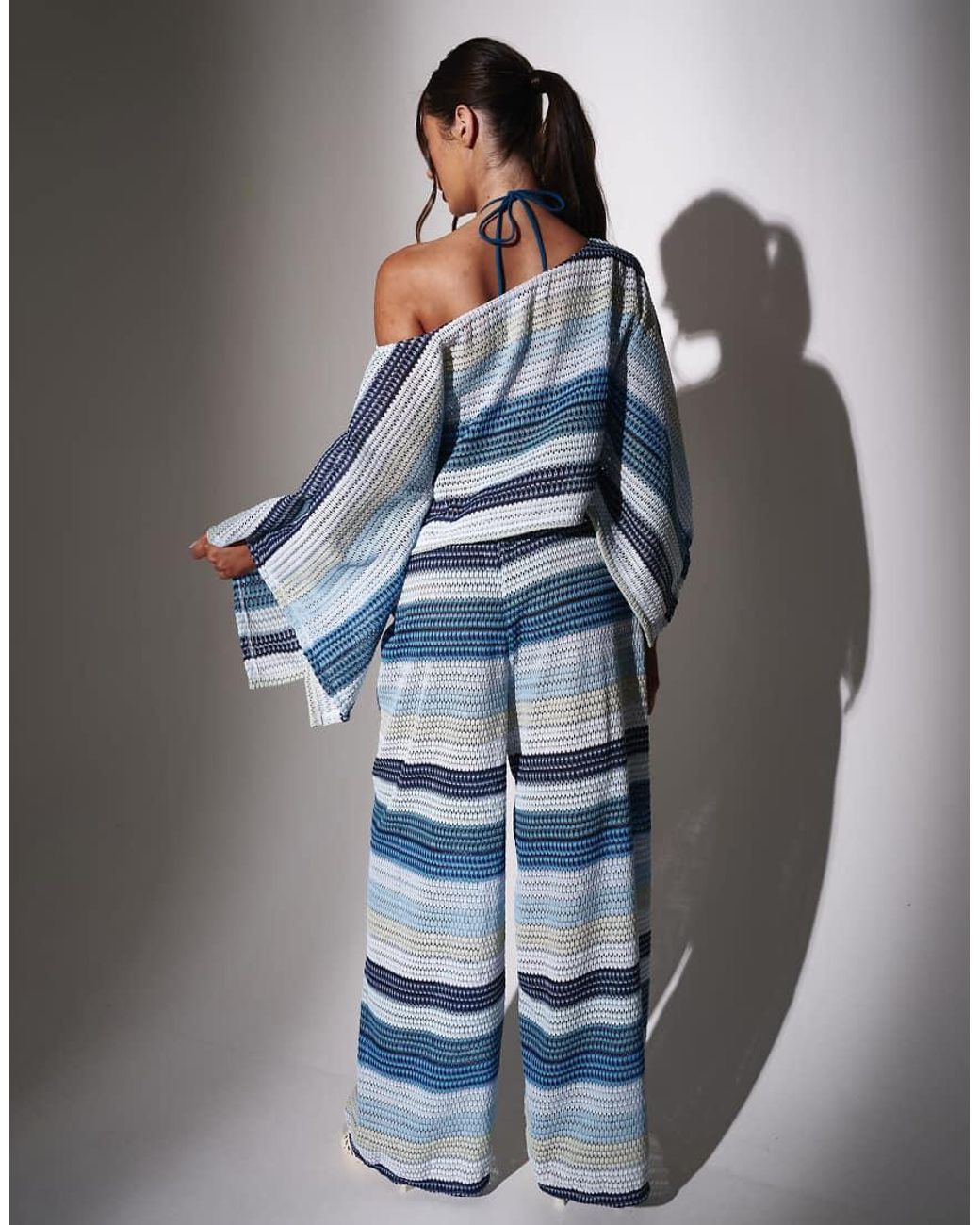 South Beach Blue Crochet Striped Wide Leg Trousers