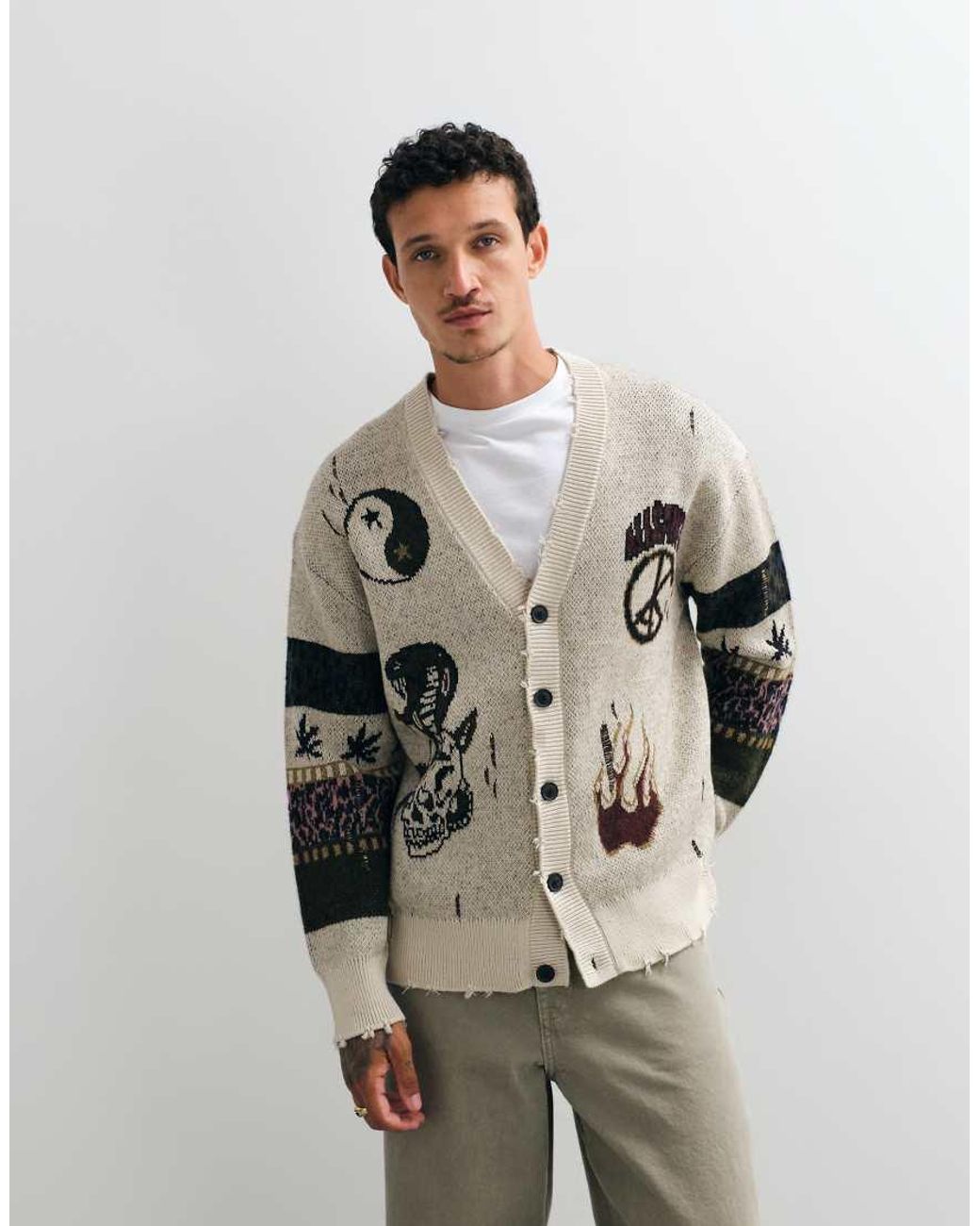 AllSaints White Bram Embroide Graphic Logo Knit Cardigan for men