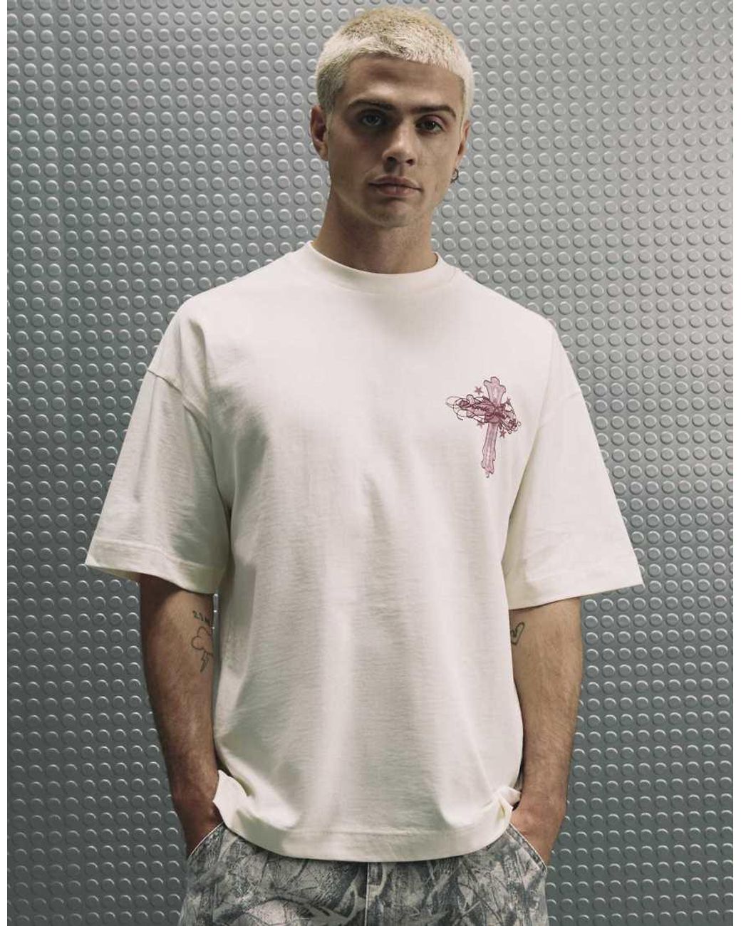 River Island Gray Cotton Ame Saint Cross T-Shirt for men