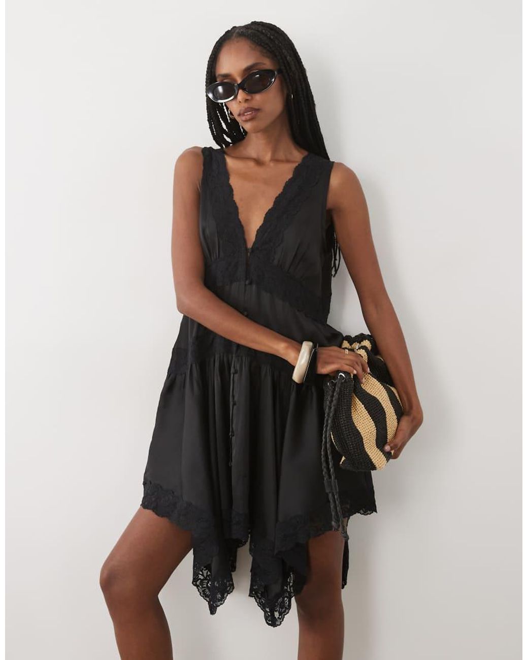 Miss Selfridge Natural Satin Lace Insert Hanky Hem Mini Dress