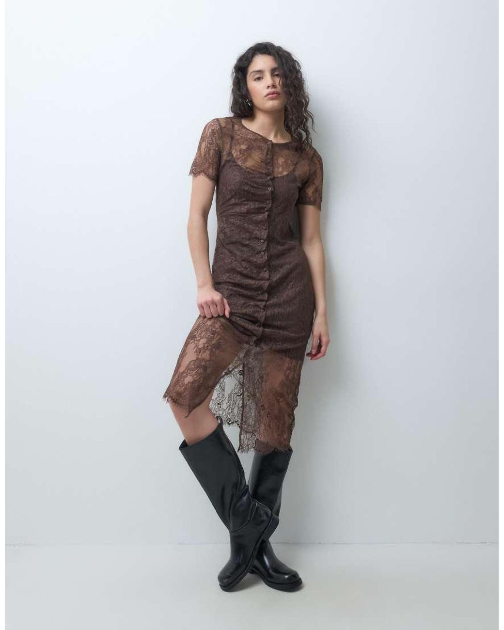 & Other Stories Brown Short Sleeve High Neck Lace Midi Dress