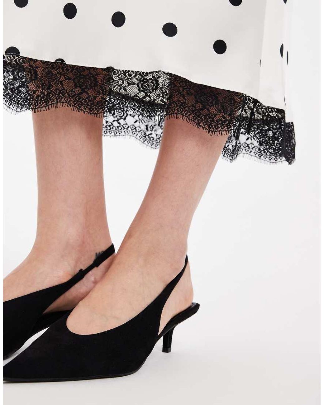 New Look White Polka Dot Lace Trim Satin Midi Skirt