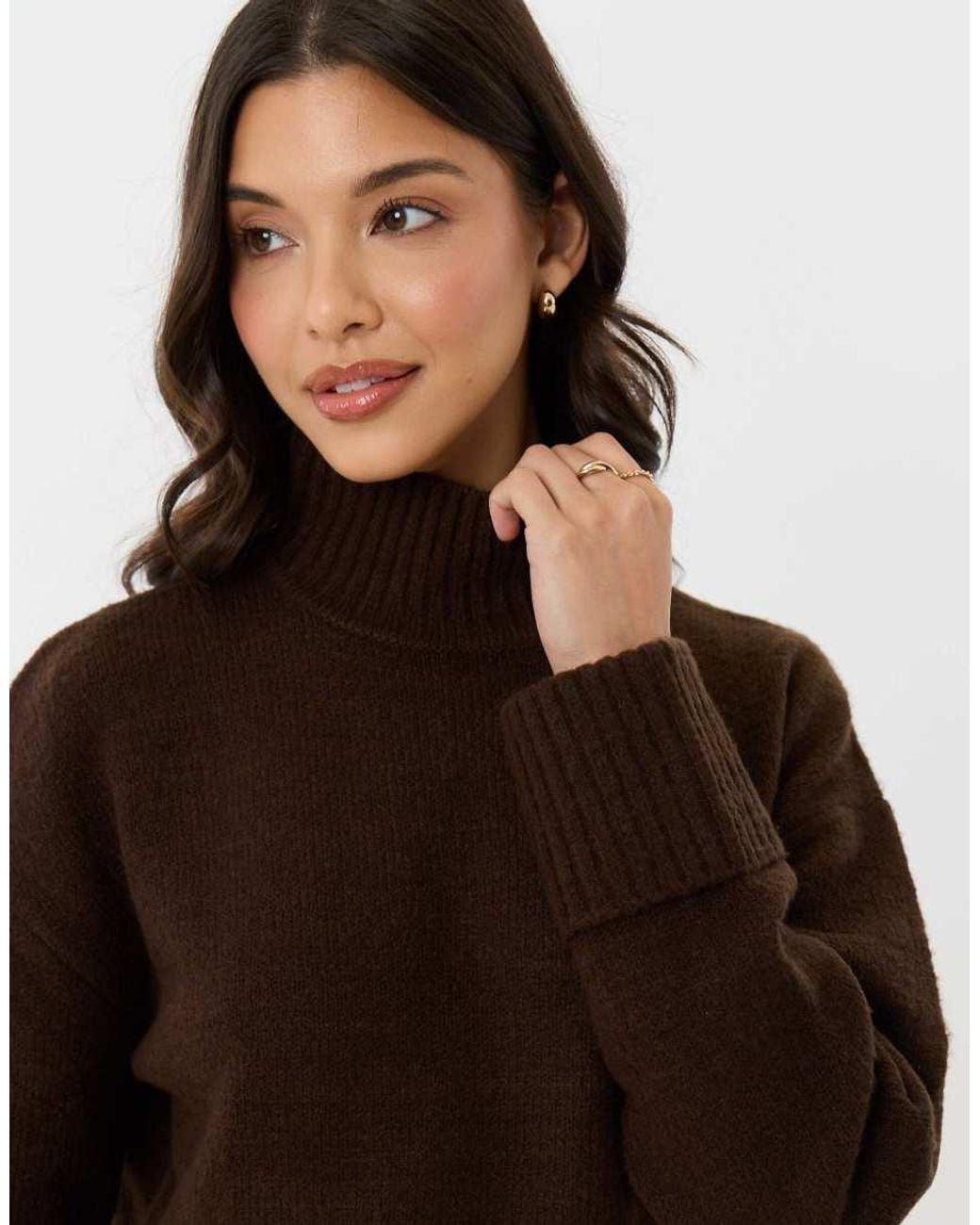Threadbare Brown Relaxed Fit Funnel Neck Jumper