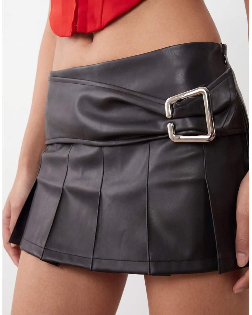 I.AM.GIA Black Desmina Leather Look Buckle Detail Pleated Mini Skirt