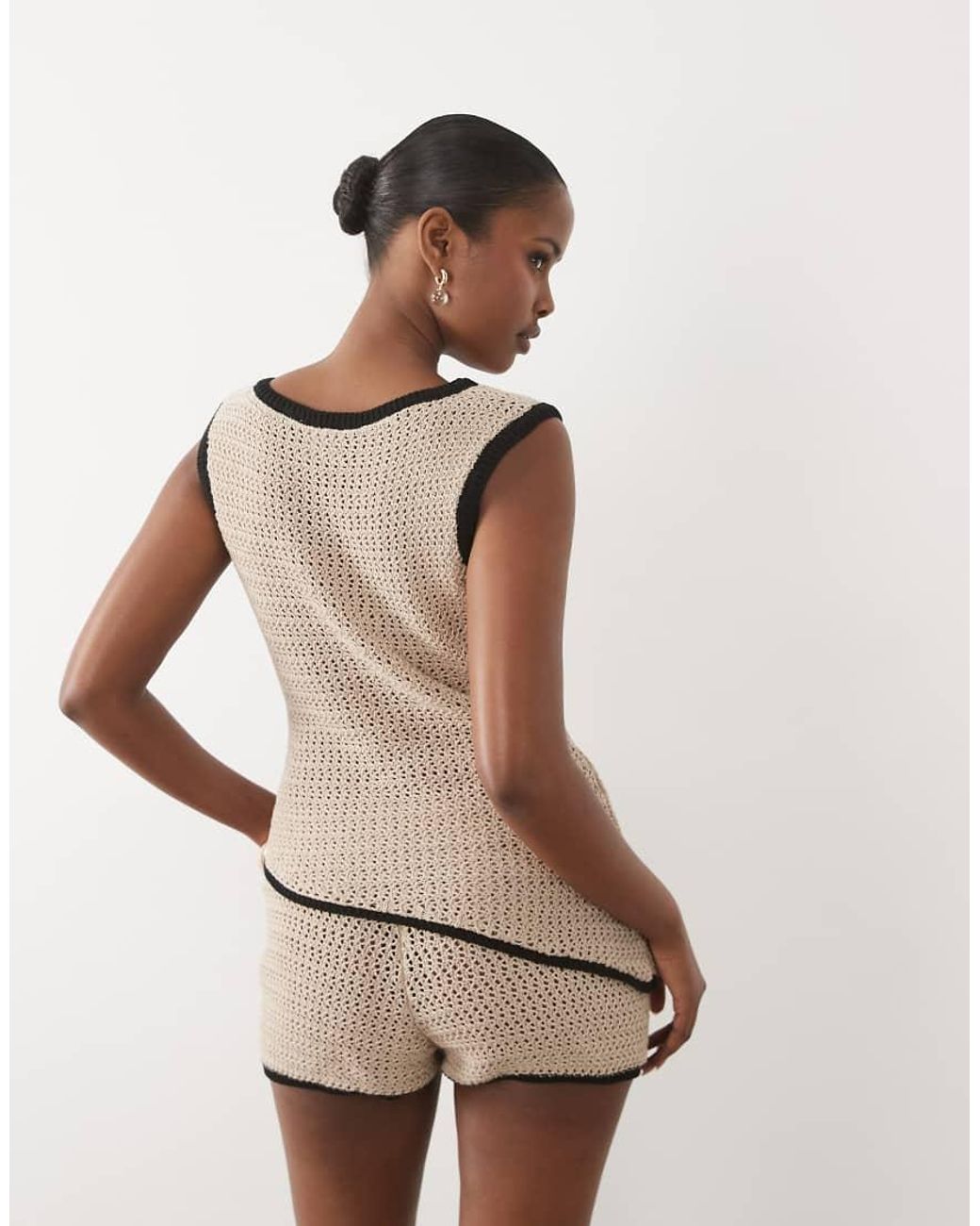 ASOS Natural Knitted Cinched Crochet Asymmetric Top Co Ord