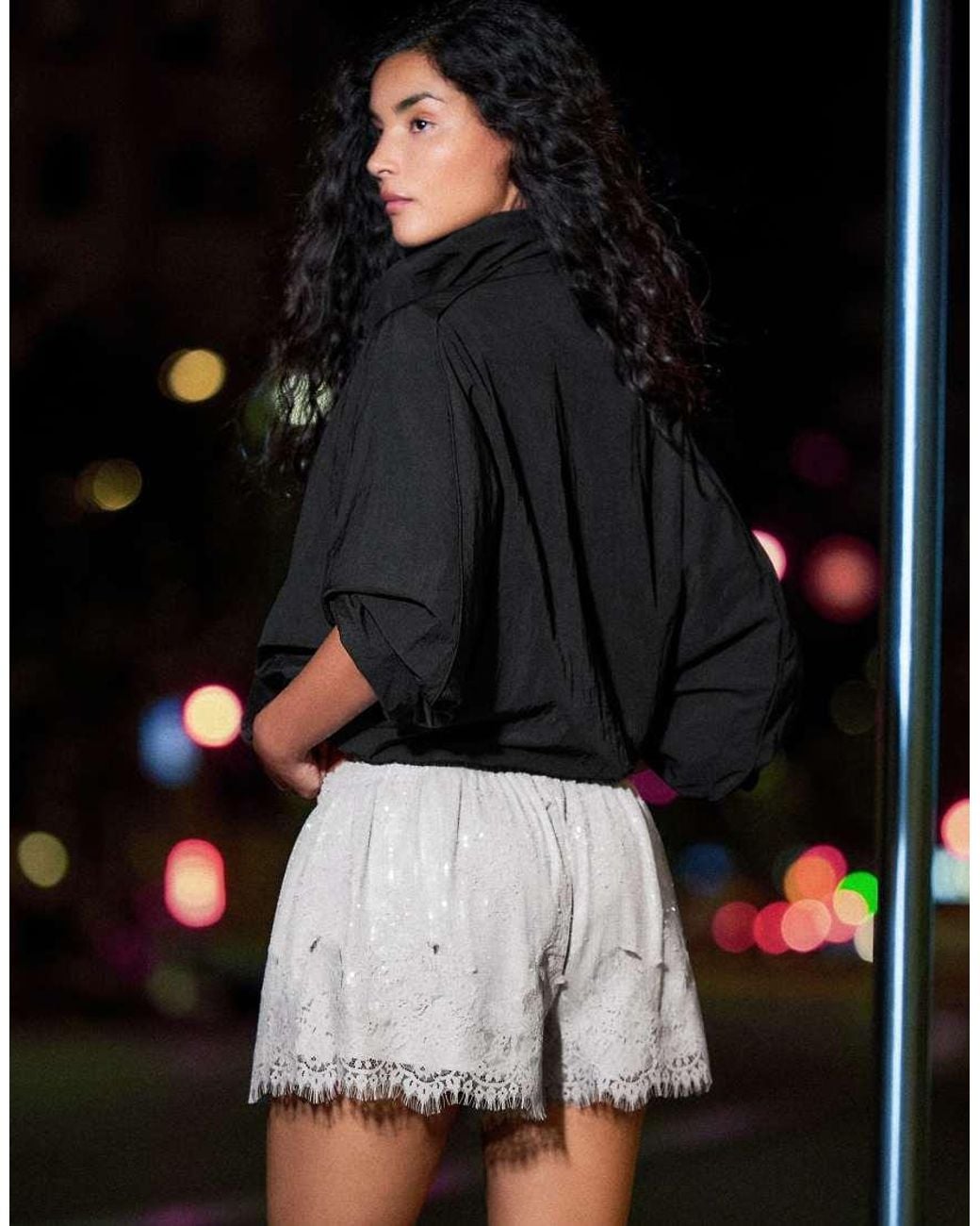 Bershka Black Flowy Lace Sequin Shorts