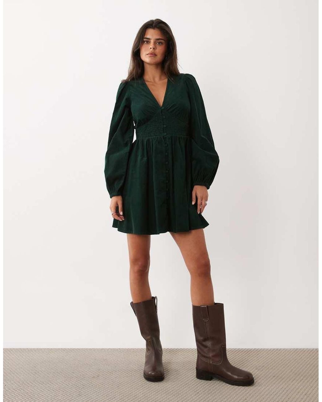 Nobody's Child Green Riley V-neck Balloon Sleeve Shirred Waist Mini Dress